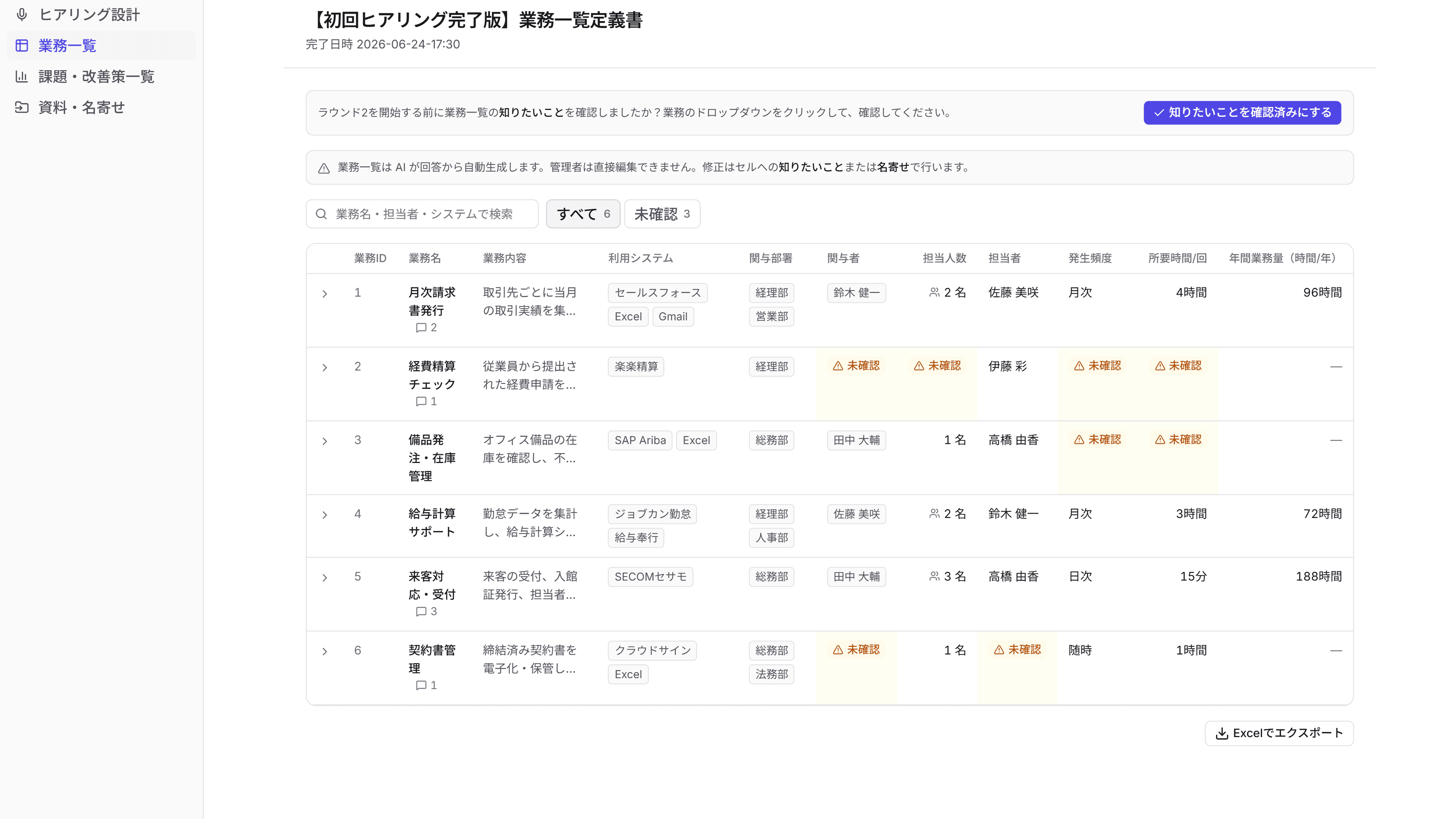 業務一覧 初版(未確認が多い)の実画面